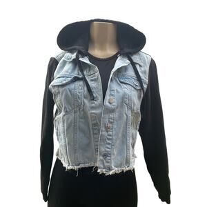 Guess Cropped Denim Jacket With Hood Light Wash Black Sleeves Size M